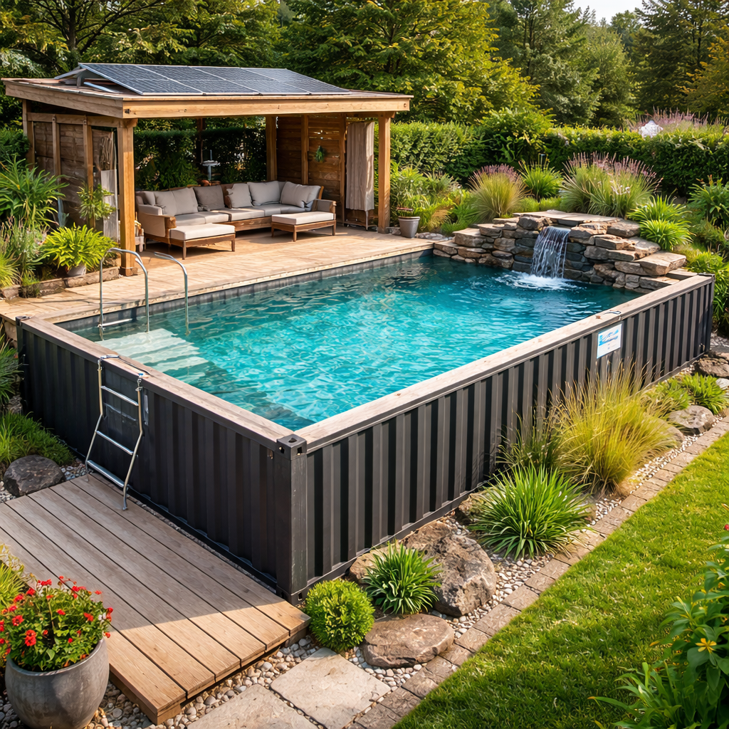 Piscina ecológica fabricada con container reciclado, diseño moderno y sostenible